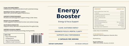 Energy Booster label — Distributed by Rapid Fulfillment